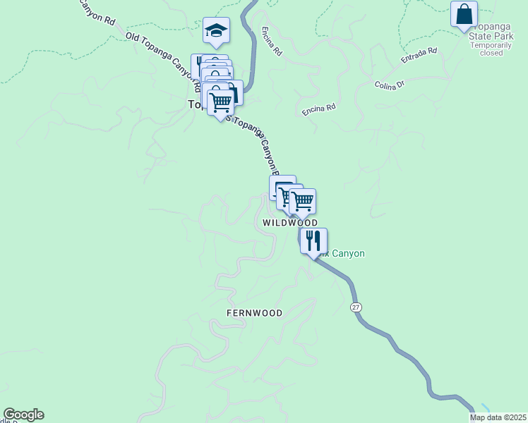 map of restaurants, bars, coffee shops, grocery stores, and more near 502 Fernwood Pacific Drive in Topanga
