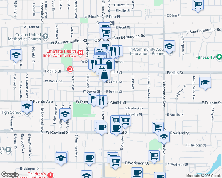 map of restaurants, bars, coffee shops, grocery stores, and more near 139 East Dexter Street in Covina