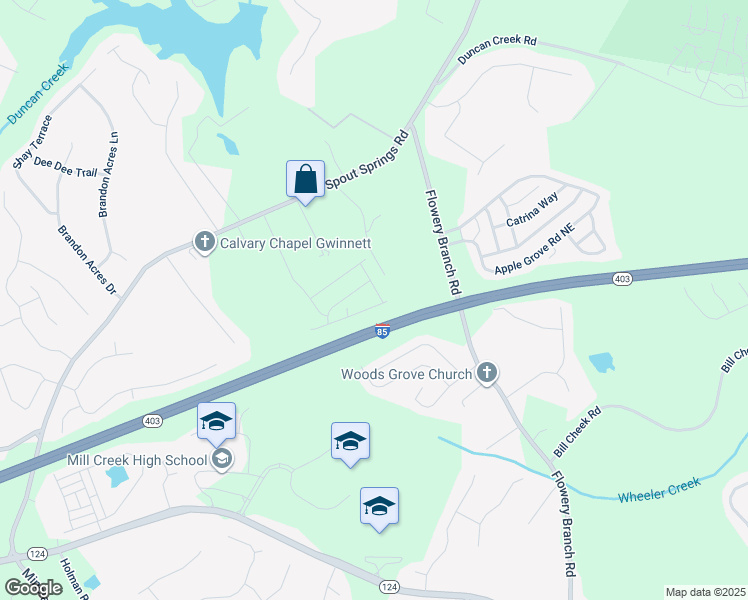 map of restaurants, bars, coffee shops, grocery stores, and more near 2059 Old Flowery Branch Road Northeast in Buford