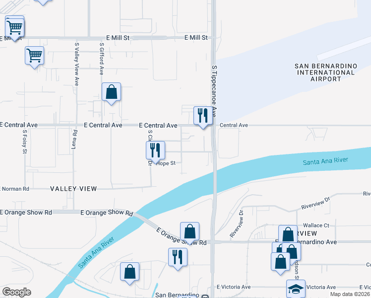 map of restaurants, bars, coffee shops, grocery stores, and more near 895 South Sunnyside Avenue in San Bernardino