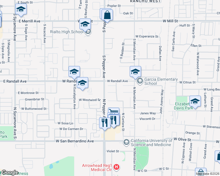 map of restaurants, bars, coffee shops, grocery stores, and more near 1595 Campana Court in Colton