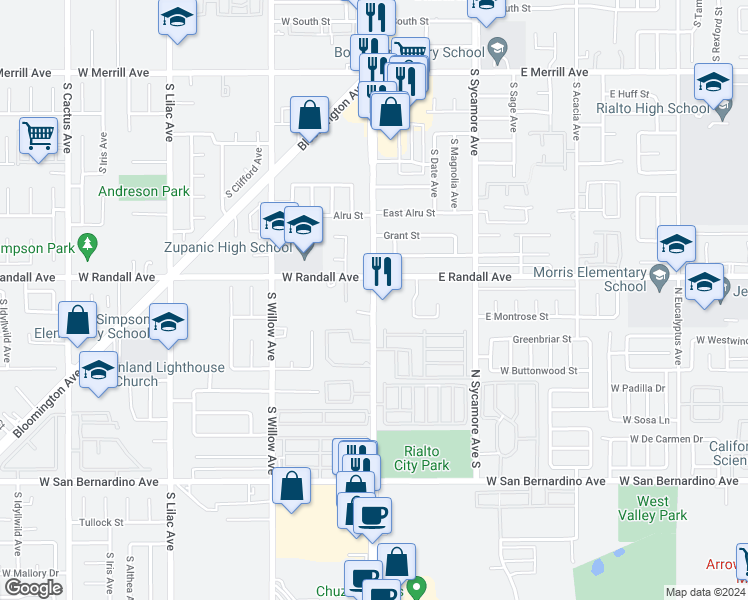 map of restaurants, bars, coffee shops, grocery stores, and more near 925 South Riverside Avenue in Rialto