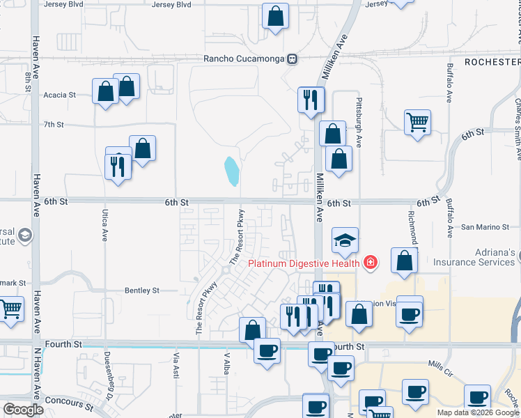 map of restaurants, bars, coffee shops, grocery stores, and more near 11126 6th Street in Rancho Cucamonga