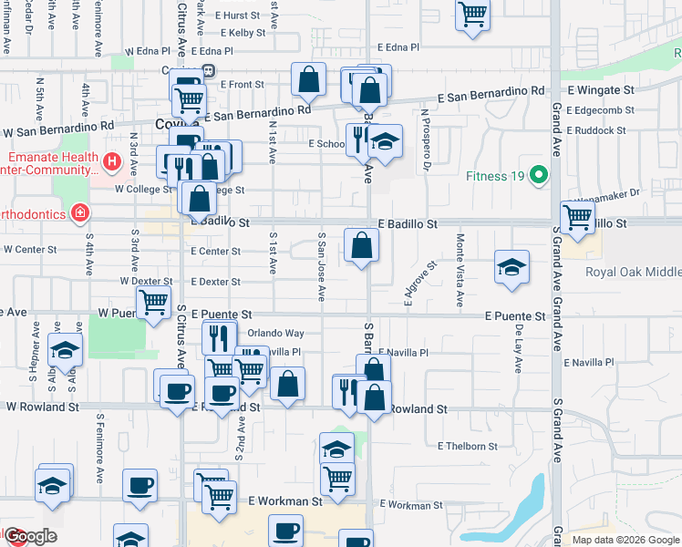 map of restaurants, bars, coffee shops, grocery stores, and more near 460 East Algrove Street in Covina