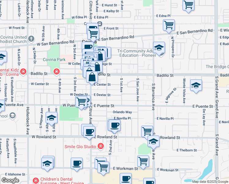 map of restaurants, bars, coffee shops, grocery stores, and more near 257 East Dexter Street in Covina