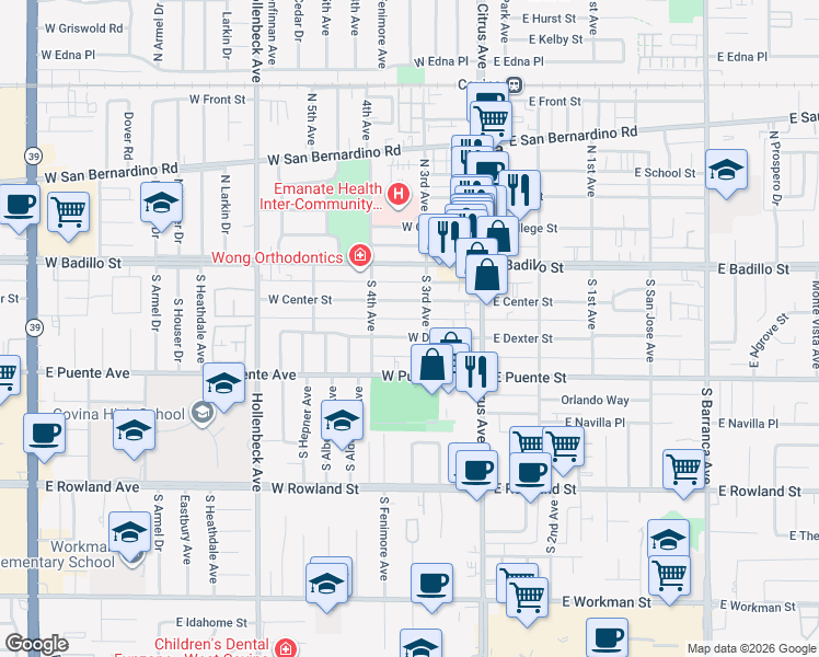 map of restaurants, bars, coffee shops, grocery stores, and more near 223 South 3rd Avenue in Covina