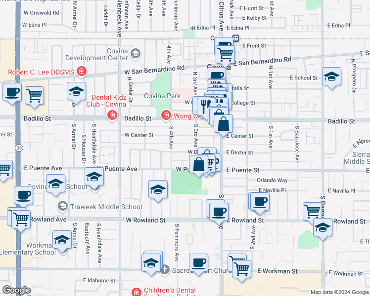 map of restaurants, bars, coffee shops, grocery stores, and more near 260 West Center Street in Covina
