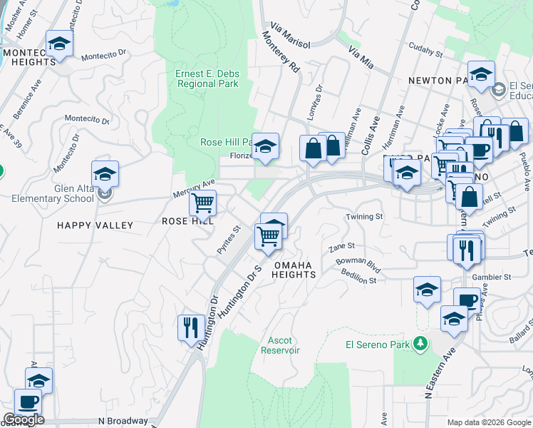 map of restaurants, bars, coffee shops, grocery stores, and more near 4536 Huntington Drive North in Los Angeles