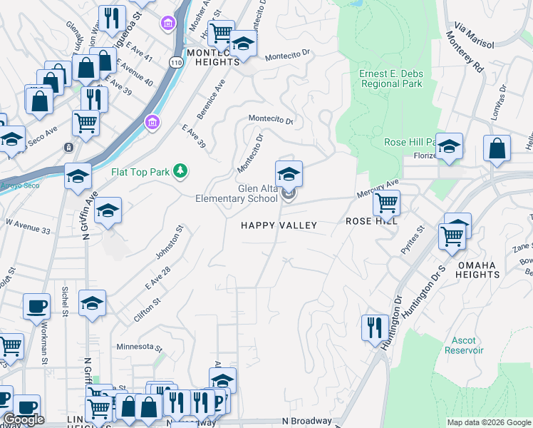 map of restaurants, bars, coffee shops, grocery stores, and more near 3357 Sierra Street in Los Angeles