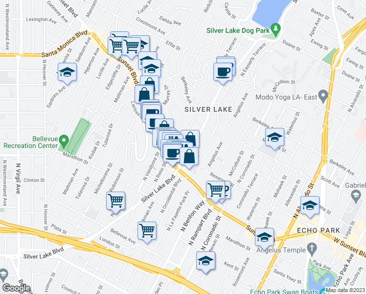 map of restaurants, bars, coffee shops, grocery stores, and more near 1335 Silver Lake Boulevard in Los Angeles