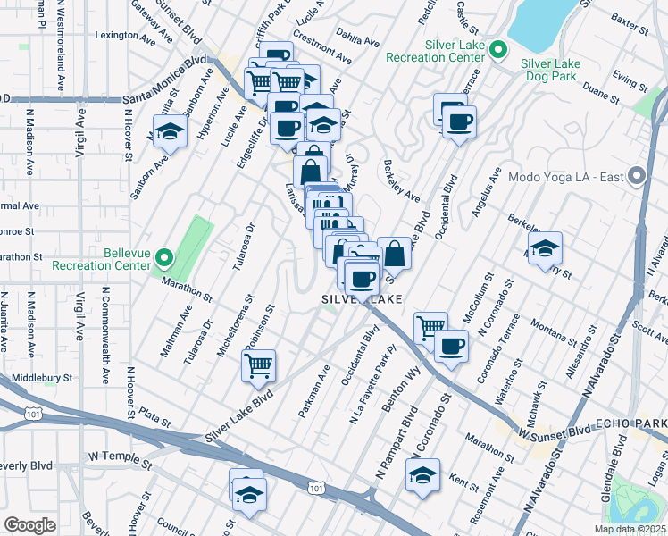 map of restaurants, bars, coffee shops, grocery stores, and more near 3110 Sunset Boulevard in Los Angeles