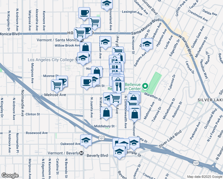 map of restaurants, bars, coffee shops, grocery stores, and more near 727 North Virgil Avenue in Los Angeles