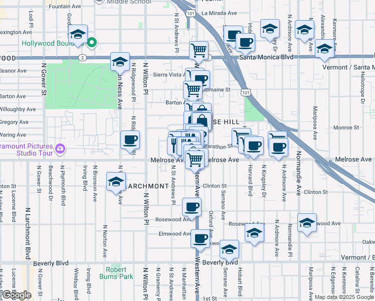 map of restaurants, bars, coffee shops, grocery stores, and more near 743 North Western Avenue in Los Angeles