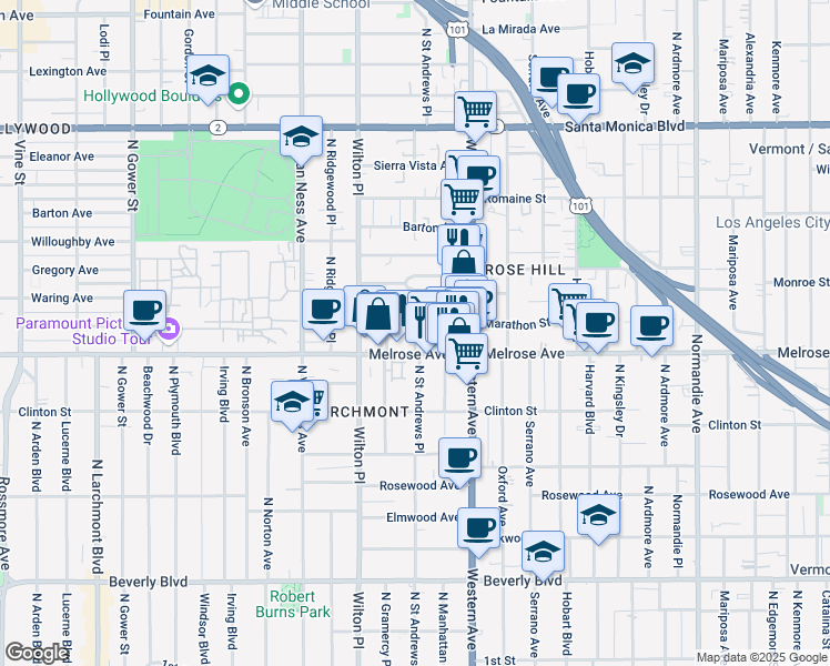 map of restaurants, bars, coffee shops, grocery stores, and more near 740 Saint Andrews Place in Los Angeles