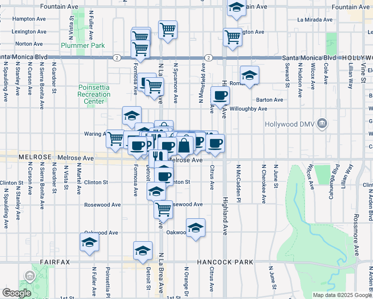 map of restaurants, bars, coffee shops, grocery stores, and more near 732 North Sycamore Avenue in Los Angeles