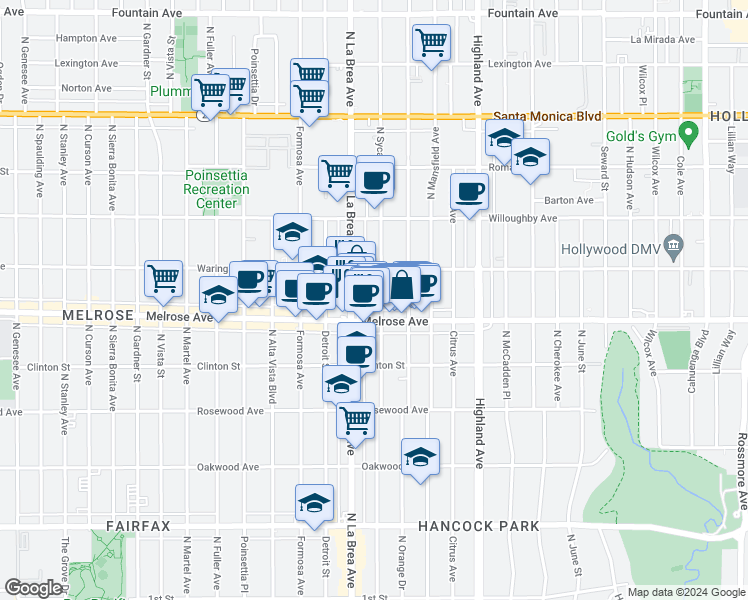 map of restaurants, bars, coffee shops, grocery stores, and more near 732 North Sycamore Avenue in Los Angeles