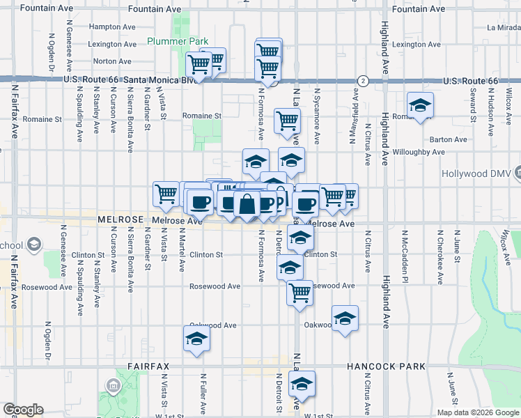 map of restaurants, bars, coffee shops, grocery stores, and more near 732 North Alta Vista Boulevard in West Hollywood