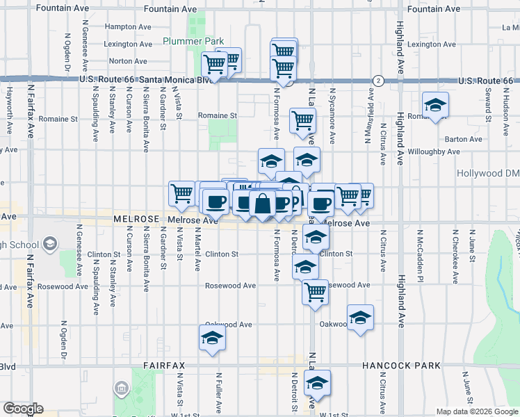 map of restaurants, bars, coffee shops, grocery stores, and more near 732 North Alta Vista Boulevard in West Hollywood