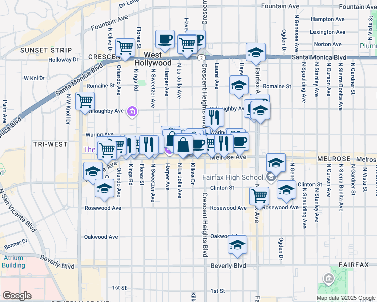 map of restaurants, bars, coffee shops, grocery stores, and more near 726 North La Jolla Avenue in Los Angeles