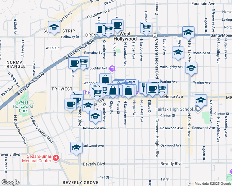 map of restaurants, bars, coffee shops, grocery stores, and more near 740 North Kings Road in Los Angeles