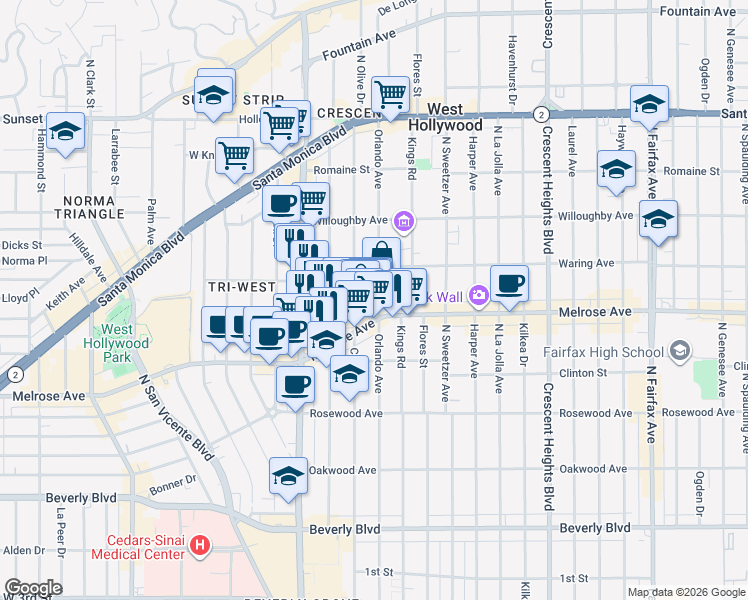 map of restaurants, bars, coffee shops, grocery stores, and more near 730 1/2 North Croft Avenue in West Hollywood