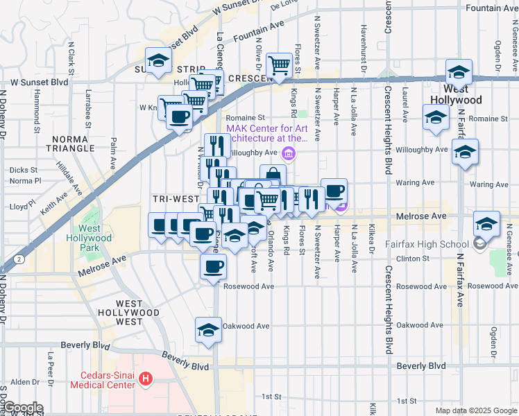 map of restaurants, bars, coffee shops, grocery stores, and more near 730 1/2 North Croft Avenue in West Hollywood