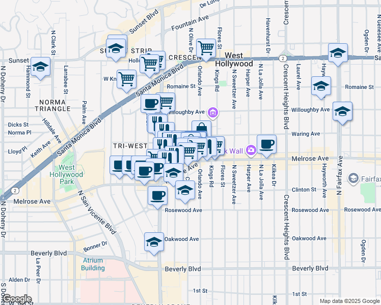 map of restaurants, bars, coffee shops, grocery stores, and more near 730 1/2 North Croft Avenue in West Hollywood