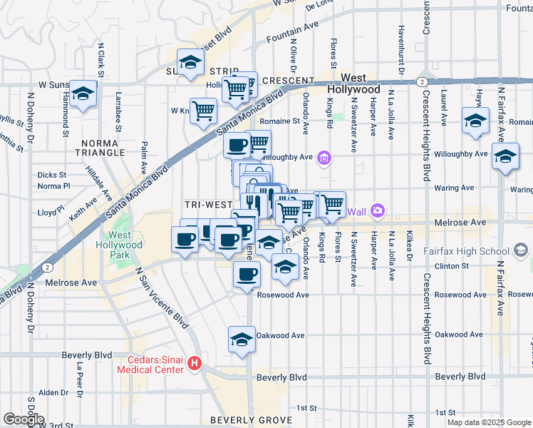 map of restaurants, bars, coffee shops, grocery stores, and more near 725 North Alfred Street in Los Angeles