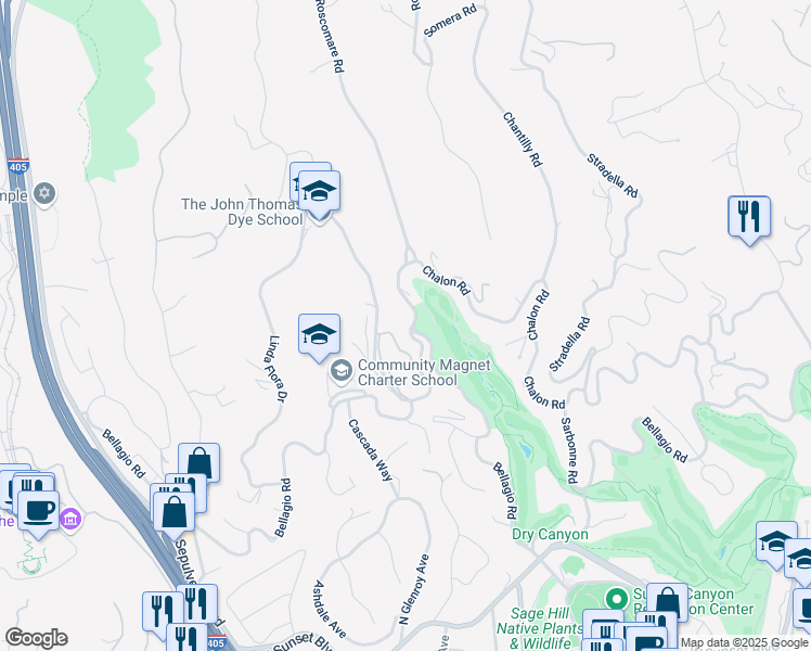 map of restaurants, bars, coffee shops, grocery stores, and more near 10979 Chalon Road in Los Angeles