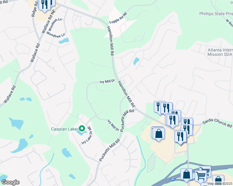 map of restaurants, bars, coffee shops, grocery stores, and more near 2898 Hamilton Mill Road in Buford