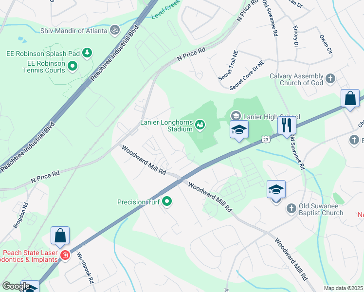 map of restaurants, bars, coffee shops, grocery stores, and more near 996 Layton Drive in Buford