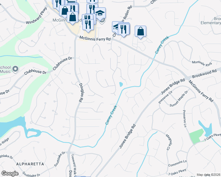 map of restaurants, bars, coffee shops, grocery stores, and more near 5485 Bentley Hall Drive in Alpharetta