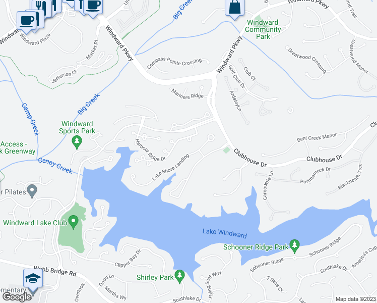 map of restaurants, bars, coffee shops, grocery stores, and more near 2075 Lake Shore Landing in Alpharetta