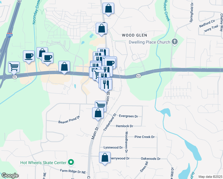 map of restaurants, bars, coffee shops, grocery stores, and more near 9745 Main Street in Woodstock