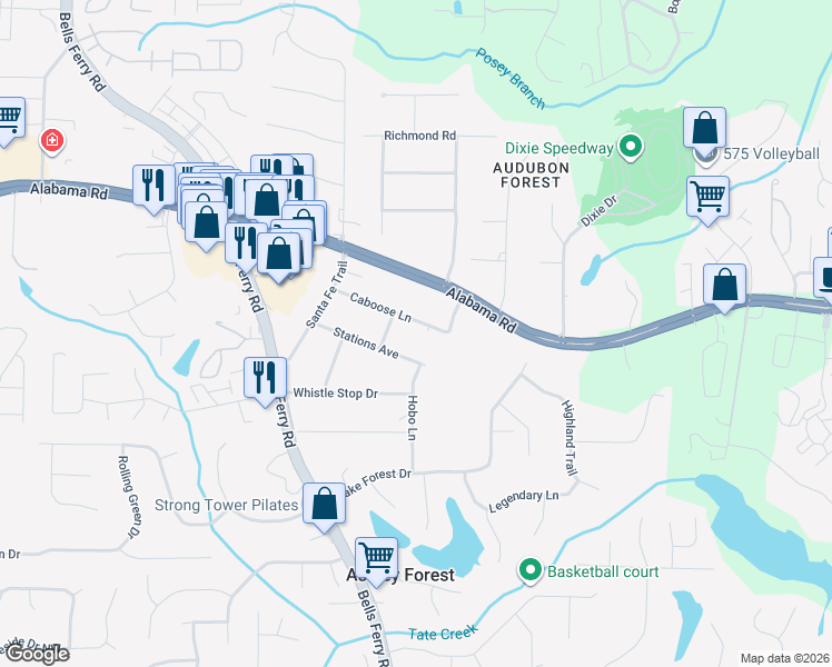 map of restaurants, bars, coffee shops, grocery stores, and more near 207 Caboose Lane in Woodstock