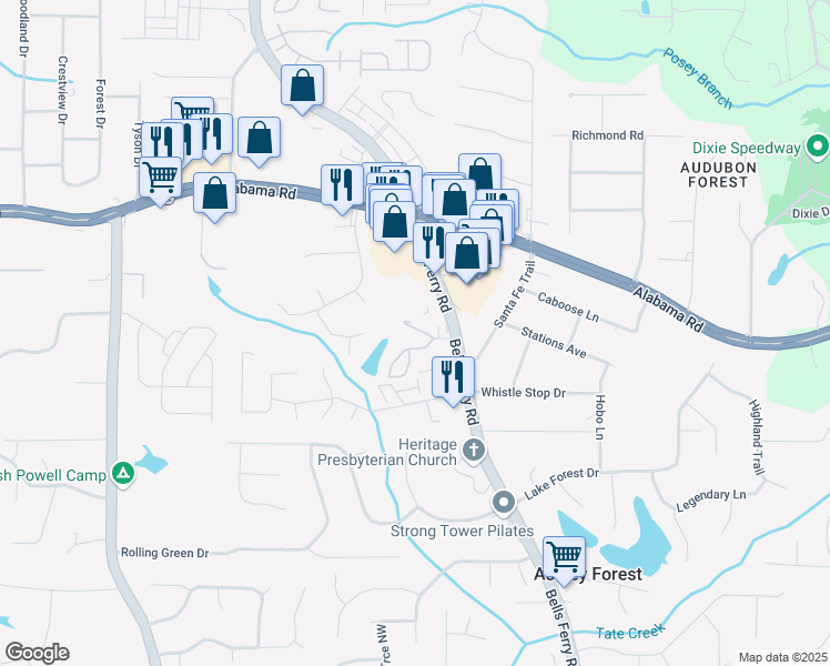 map of restaurants, bars, coffee shops, grocery stores, and more near 701 Waldan Lane in Acworth