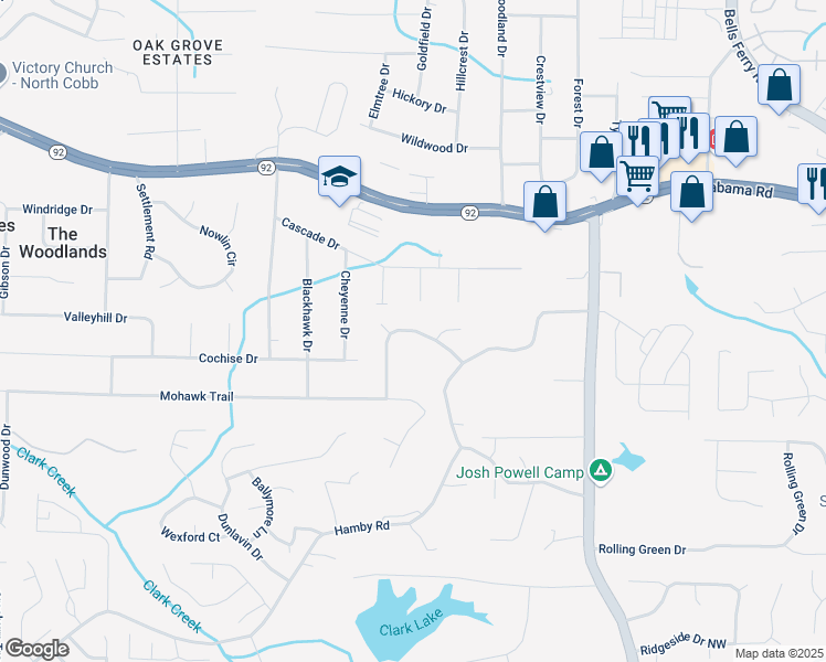 map of restaurants, bars, coffee shops, grocery stores, and more near Shadowbrook Drive in Cherokee County
