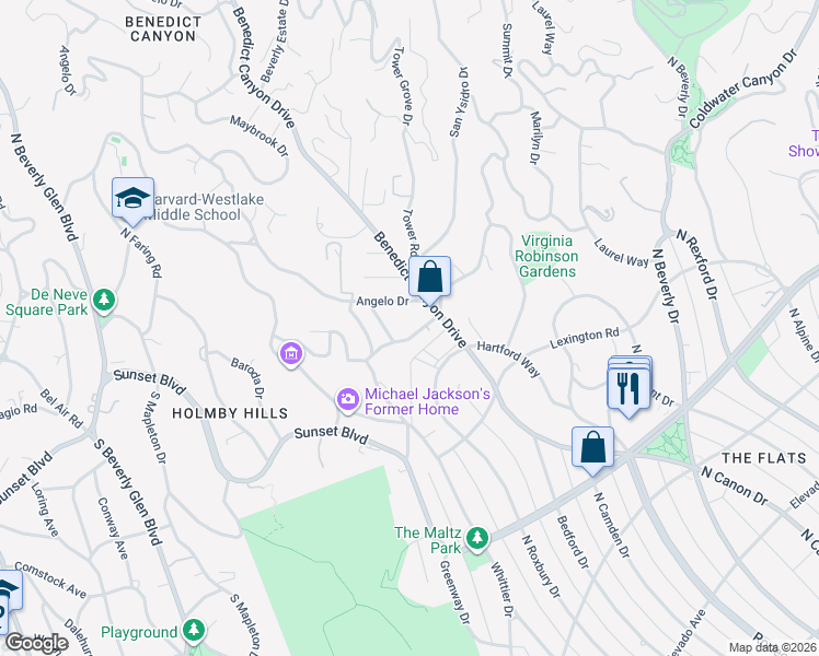 map of restaurants, bars, coffee shops, grocery stores, and more near 1717 Chevy Chase Drive in Beverly Hills