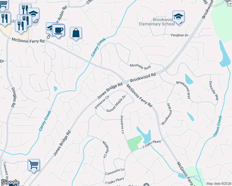 map of restaurants, bars, coffee shops, grocery stores, and more near 5505 Preserve Circle in Alpharetta