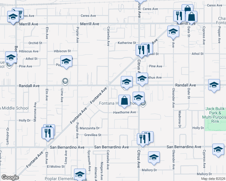 map of restaurants, bars, coffee shops, grocery stores, and more near 15957 Randall Avenue in Fontana