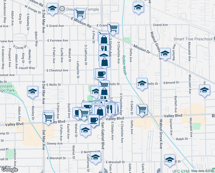 map of restaurants, bars, coffee shops, grocery stores, and more near 816 East Wells Street in San Gabriel