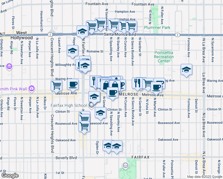 map of restaurants, bars, coffee shops, grocery stores, and more near North Spaulding Avenue in Los Angeles