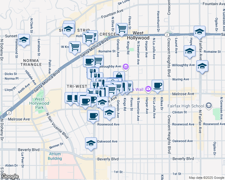 map of restaurants, bars, coffee shops, grocery stores, and more near 718 Croft Avenue in West Hollywood