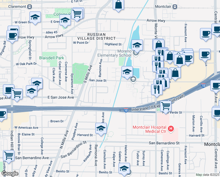 map of restaurants, bars, coffee shops, grocery stores, and more near 9341 Camulos Avenue in Montclair