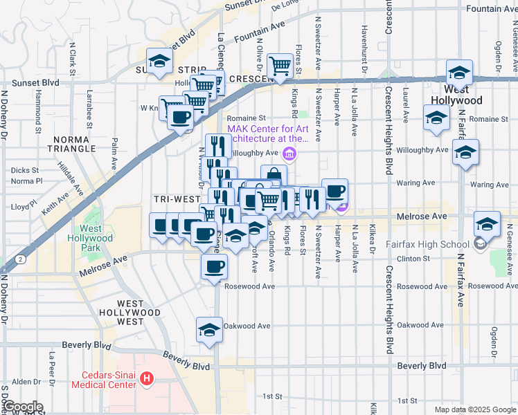 map of restaurants, bars, coffee shops, grocery stores, and more near 718 Croft Avenue in West Hollywood