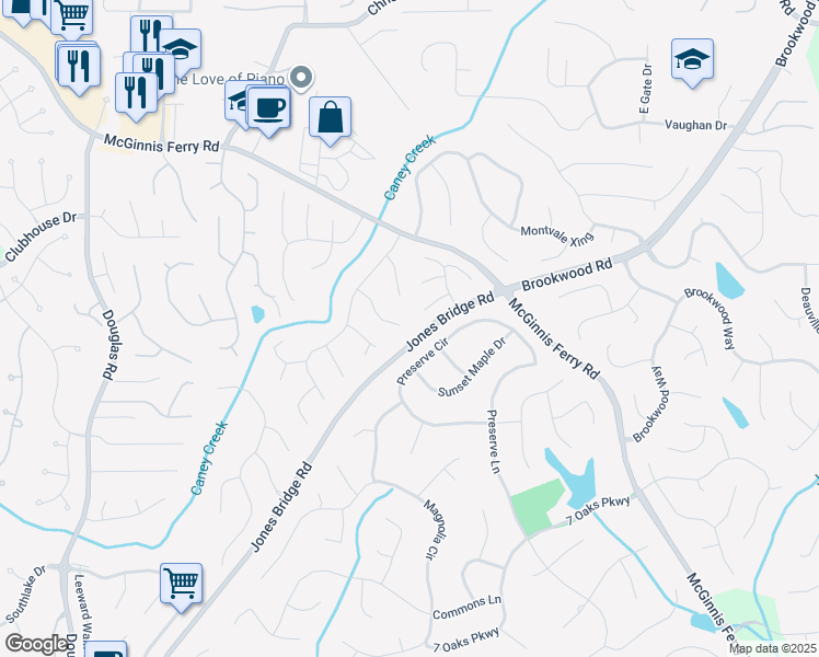map of restaurants, bars, coffee shops, grocery stores, and more near 660 Evening Pine Lane in Alpharetta