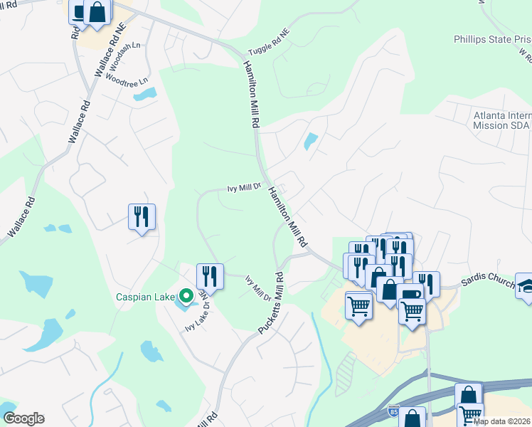 map of restaurants, bars, coffee shops, grocery stores, and more near 3398 Briarglen Circle in Buford