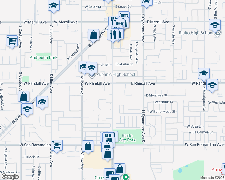 map of restaurants, bars, coffee shops, grocery stores, and more near 925 South Riverside Avenue in Rialto