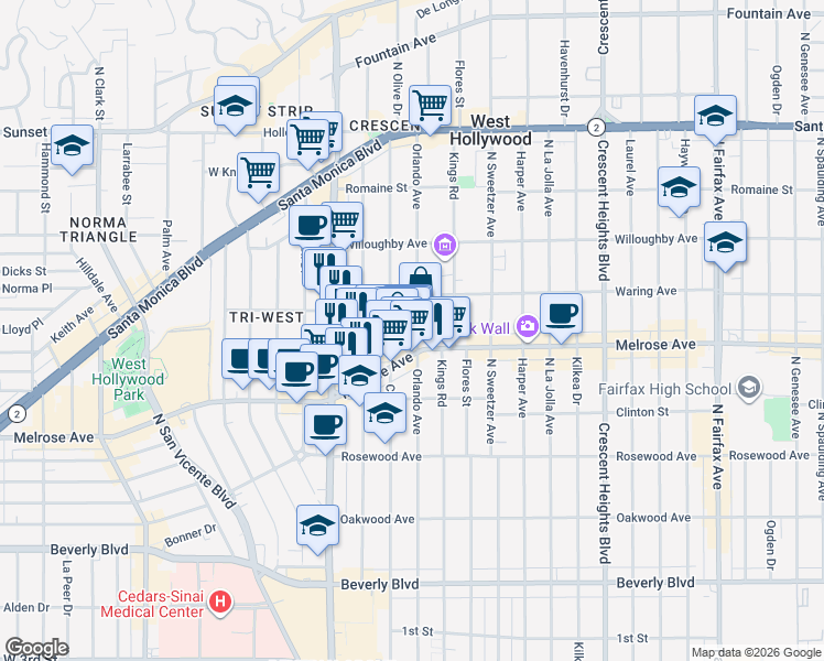 map of restaurants, bars, coffee shops, grocery stores, and more near 730 1/2 North Croft Avenue in West Hollywood