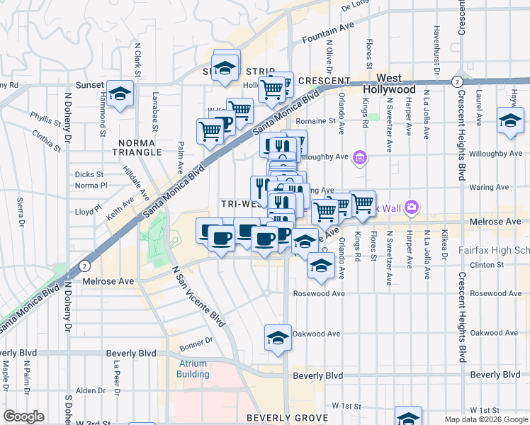 map of restaurants, bars, coffee shops, grocery stores, and more near 733 West Knoll Drive in West Hollywood
